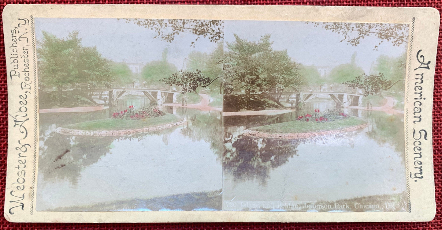Jefferson Park Island and Bridge - Chicago, Illinois - Stereo View Card - 1890s Antique