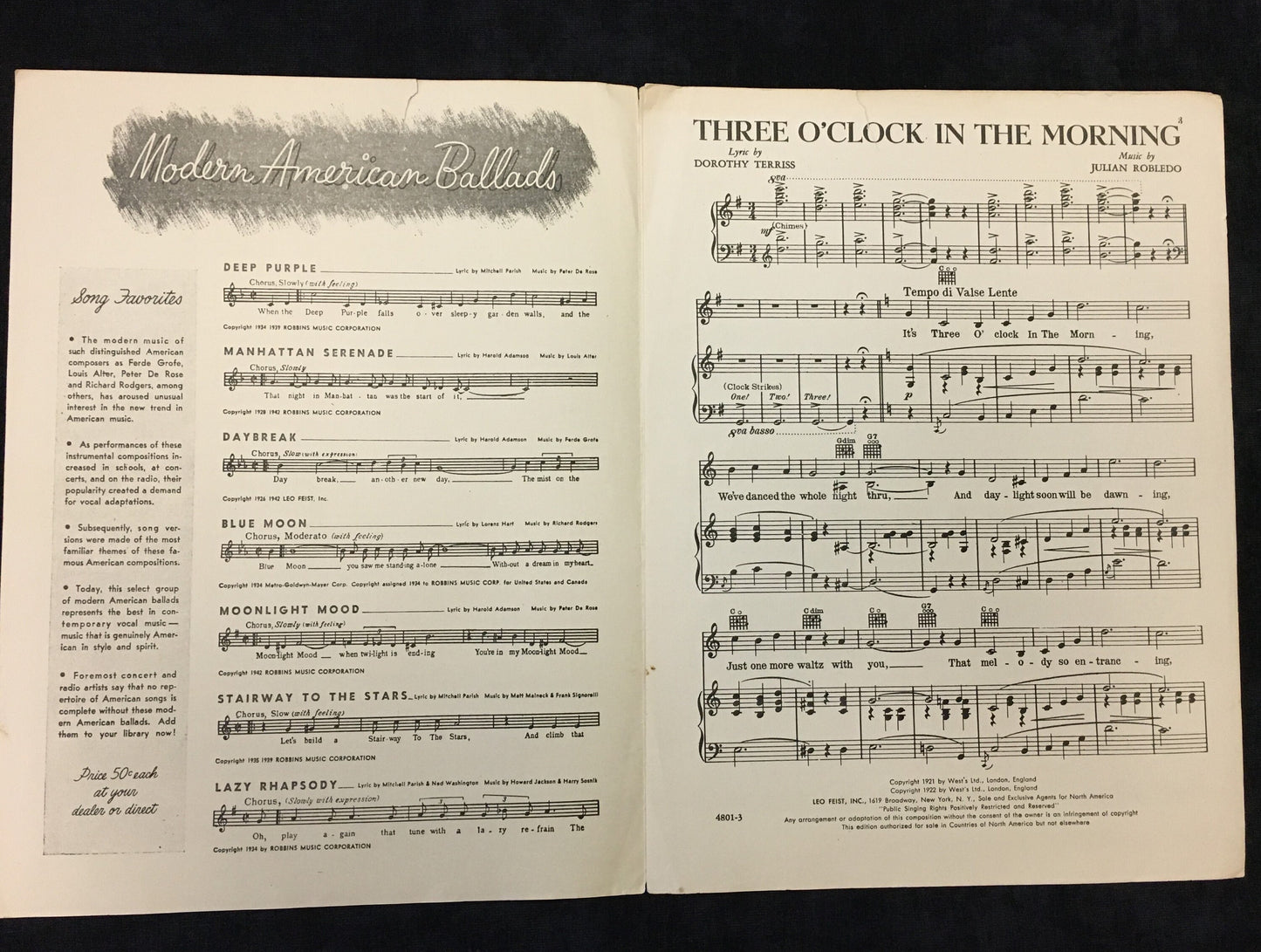 Three O'Clock in the Morning by Julian Robledo Words by Dorothy Terriss Feist Popular Standard Series 1912