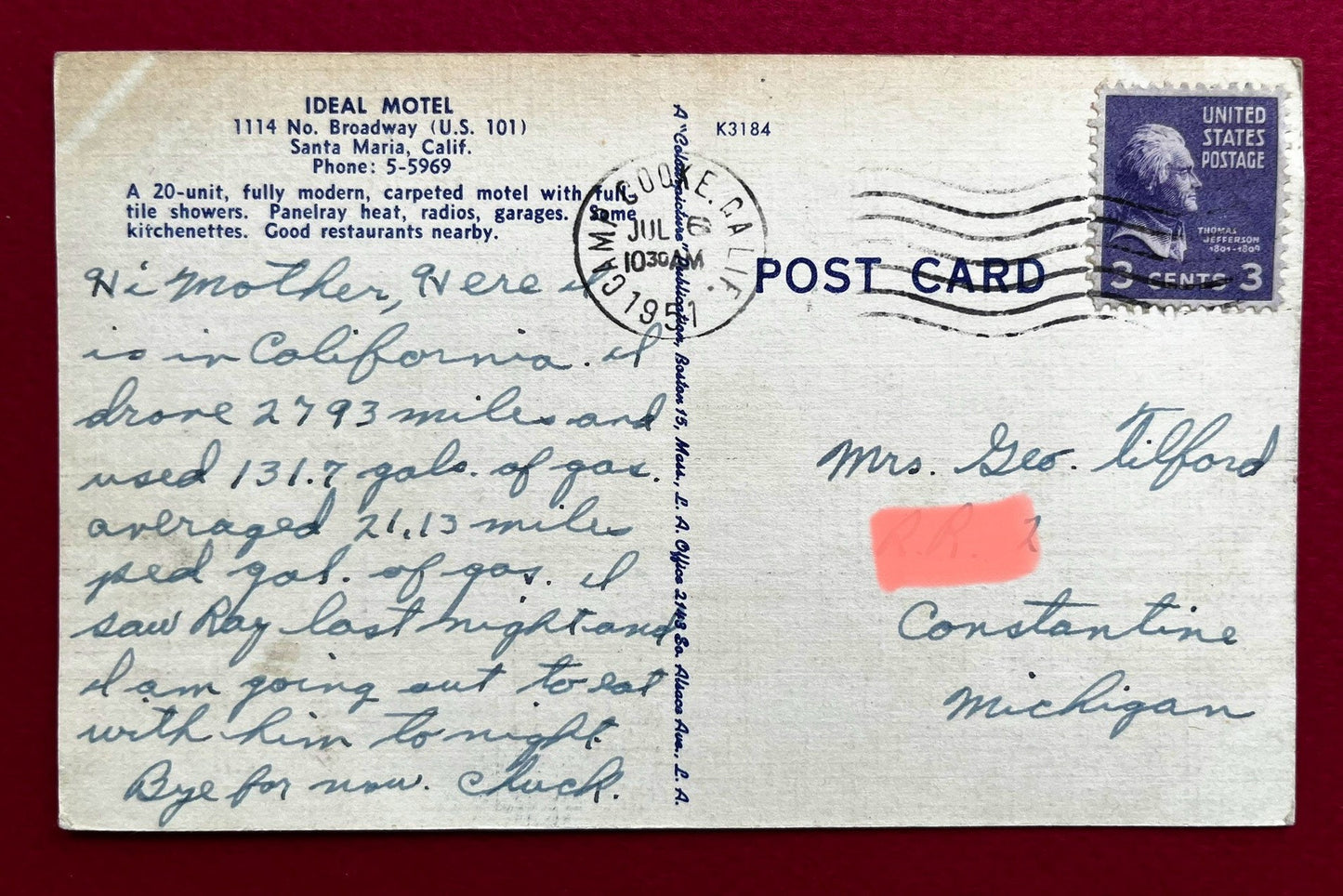 Ideal Motel - Santa Maria, California - 1940s Linen Postcard