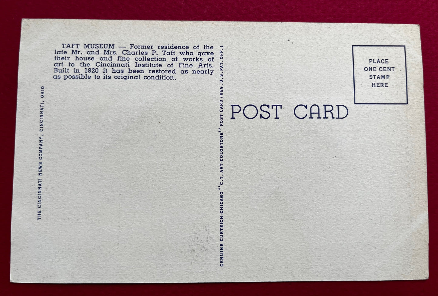 The Taft Museum, Cincinnati, Ohio - Linen Postcard