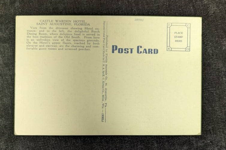 Castle Warden Hotel - Saint Augustine, Florida - 1940s Linen Postcard