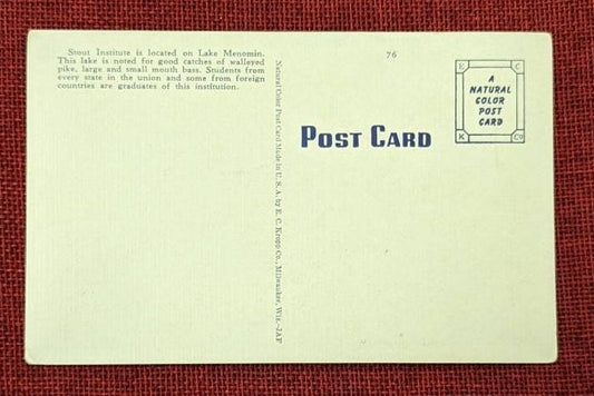 Front: Lake Menominee and Stout Institute, Menomonie, Wis. Back: Stout Institute is located on Lake