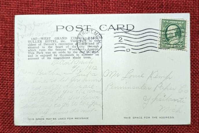 West Grand Circus Park - Tuller Hotel - Detroit, Michigan - 1912 Postcard