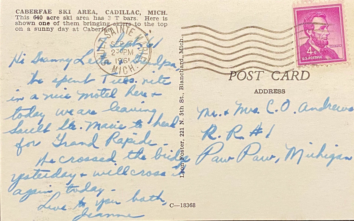 Caberfae Ski Area - Cadillac, Michigan - 1961 Postcard