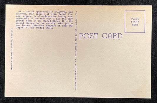 Front: This vintage postcard displays the State Capitol in Madison Wisconsin. Back: "At the cost of