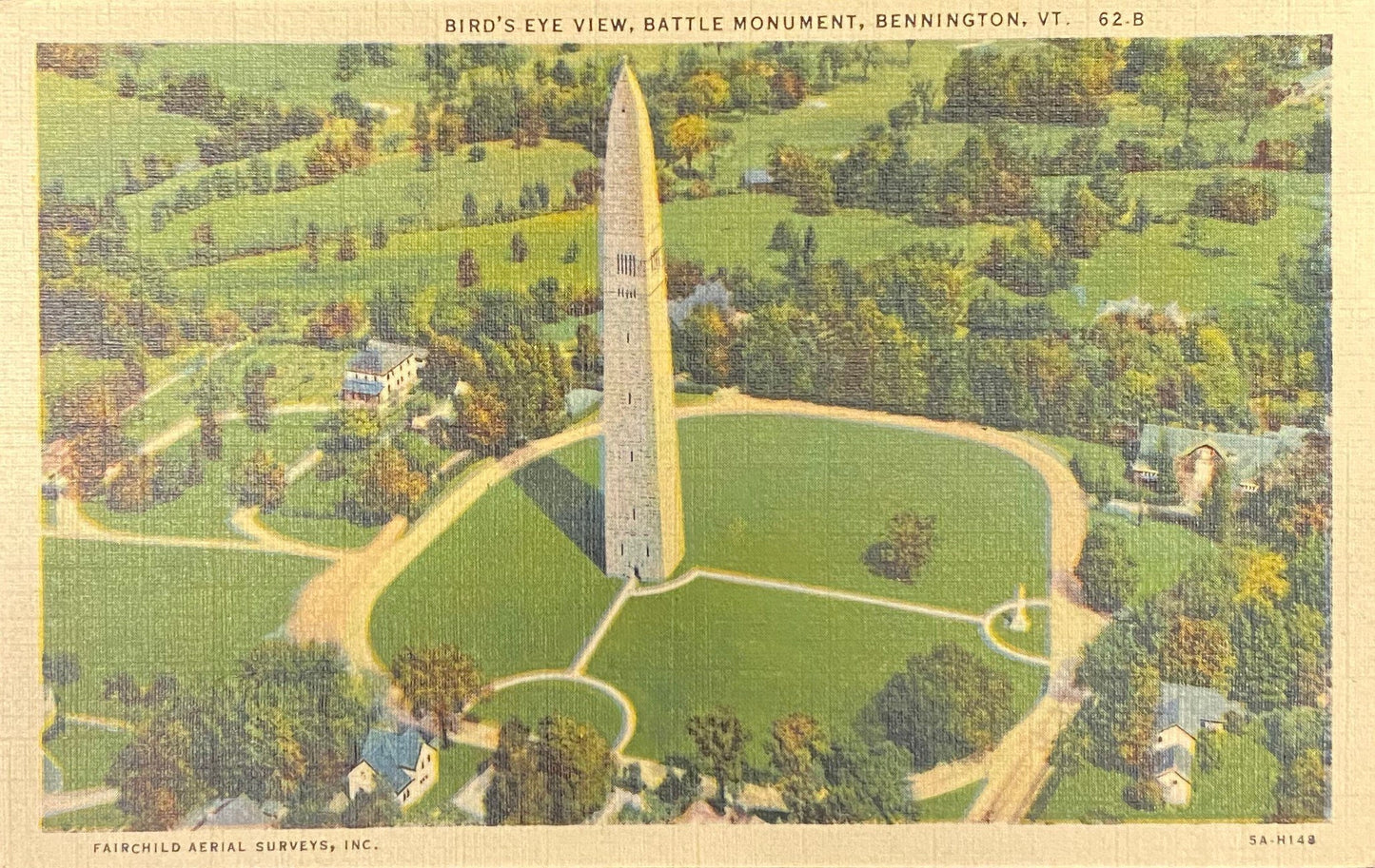 Bird's Eye View, Battle Monument, Bennington, Vermont - 1935 Linen Postcard