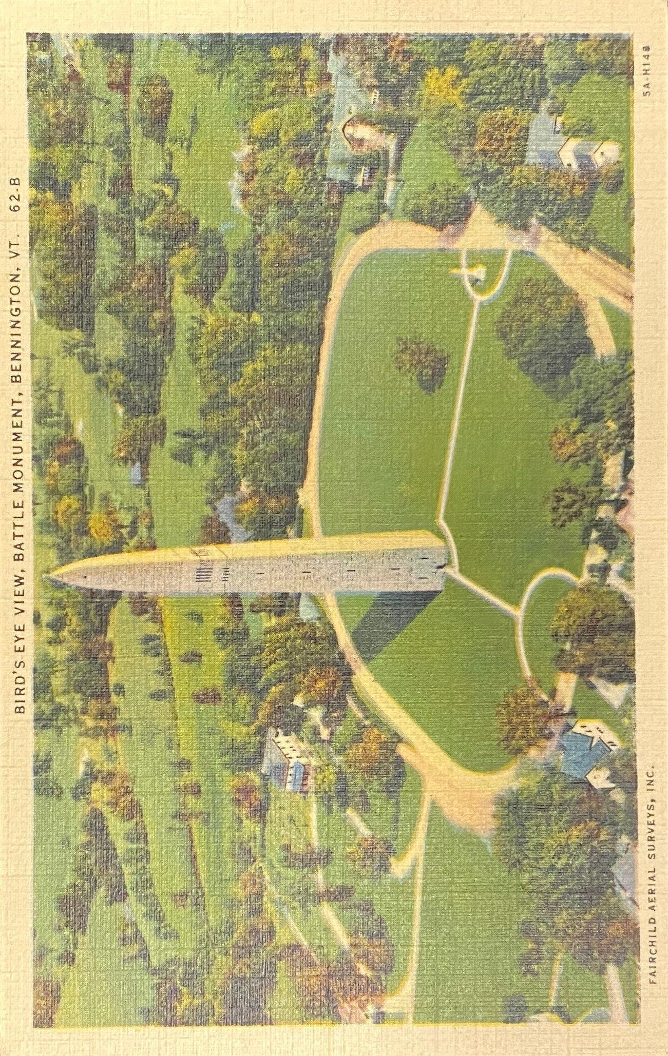 Bird's Eye View, Battle Monument, Bennington, Vermont - 1935 Linen Postcard