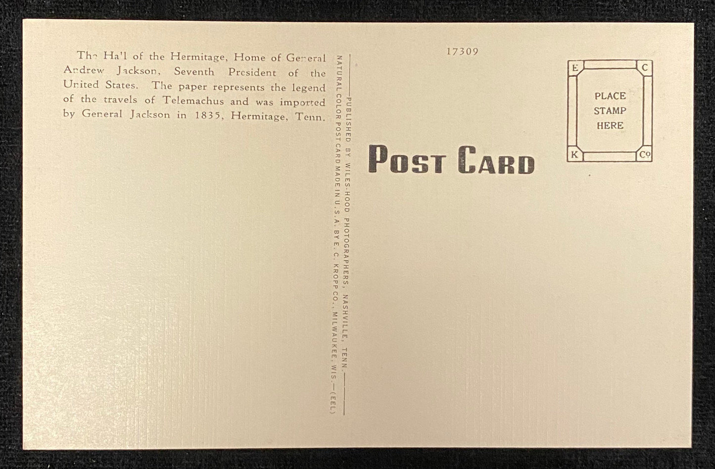 Ha'l of Hermitage - Andrew Jackson Home - Nashville, Tennessee - 1940s Linen Postcard