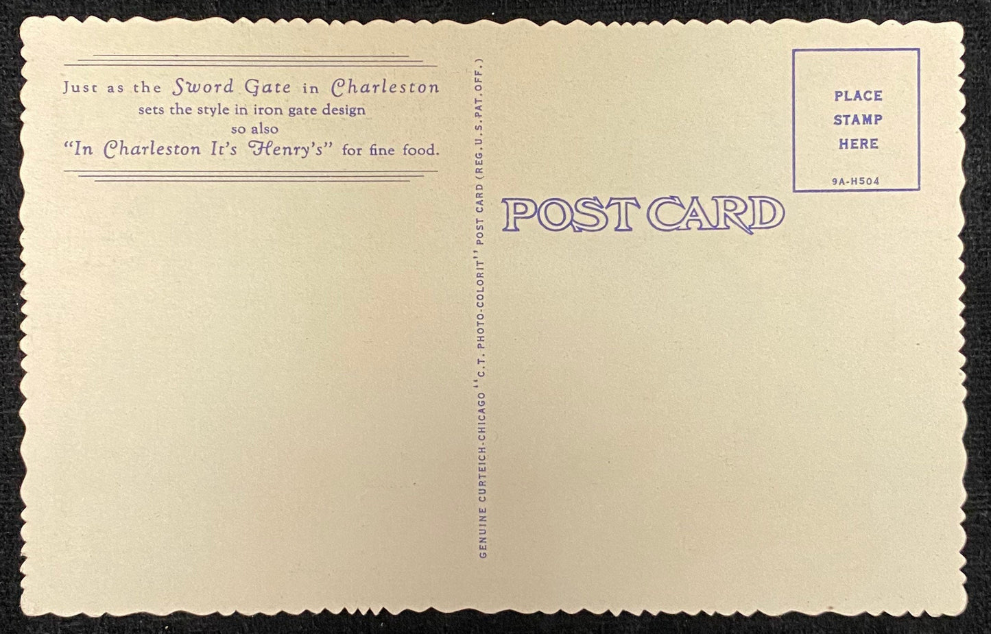 Henry's 54 - Market Street - Charleston, South Carolina - 1939 Linen Postcard