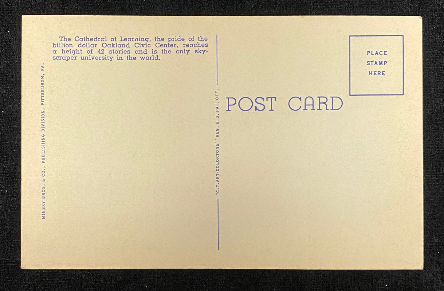 Cathedral of Learning - Foster Memorial - University of Pittsburgh, Pennsylvania - 1936 Linen Postcard