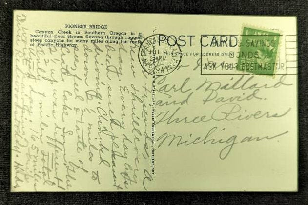 Pioneer Bridge, Canyon Creek, Pacific Highway, Oregon - 1940s Linen Postcard