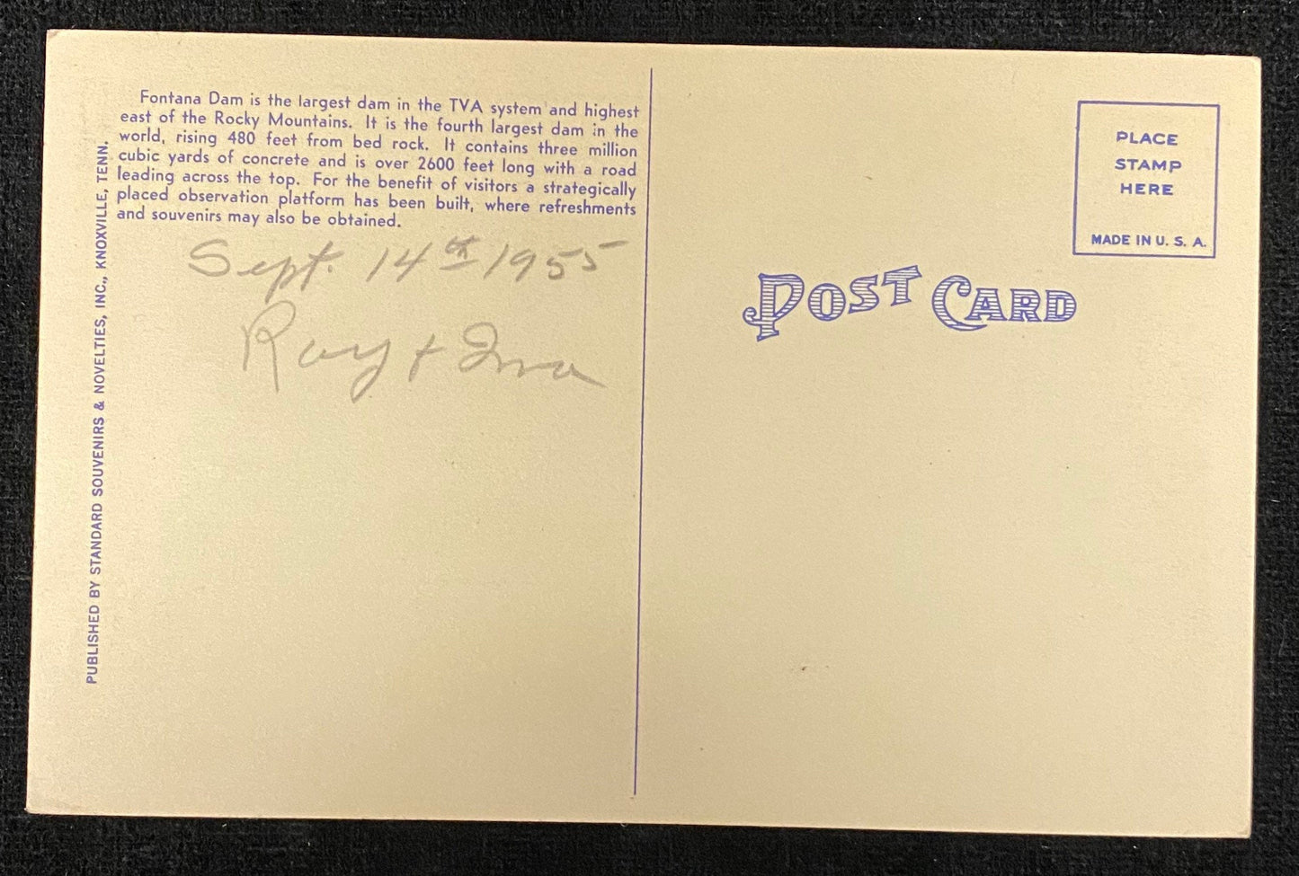 View of Fontana Dam - Observation Platform - Fontana Dam, North Carolina - 1950s Linen Postcard