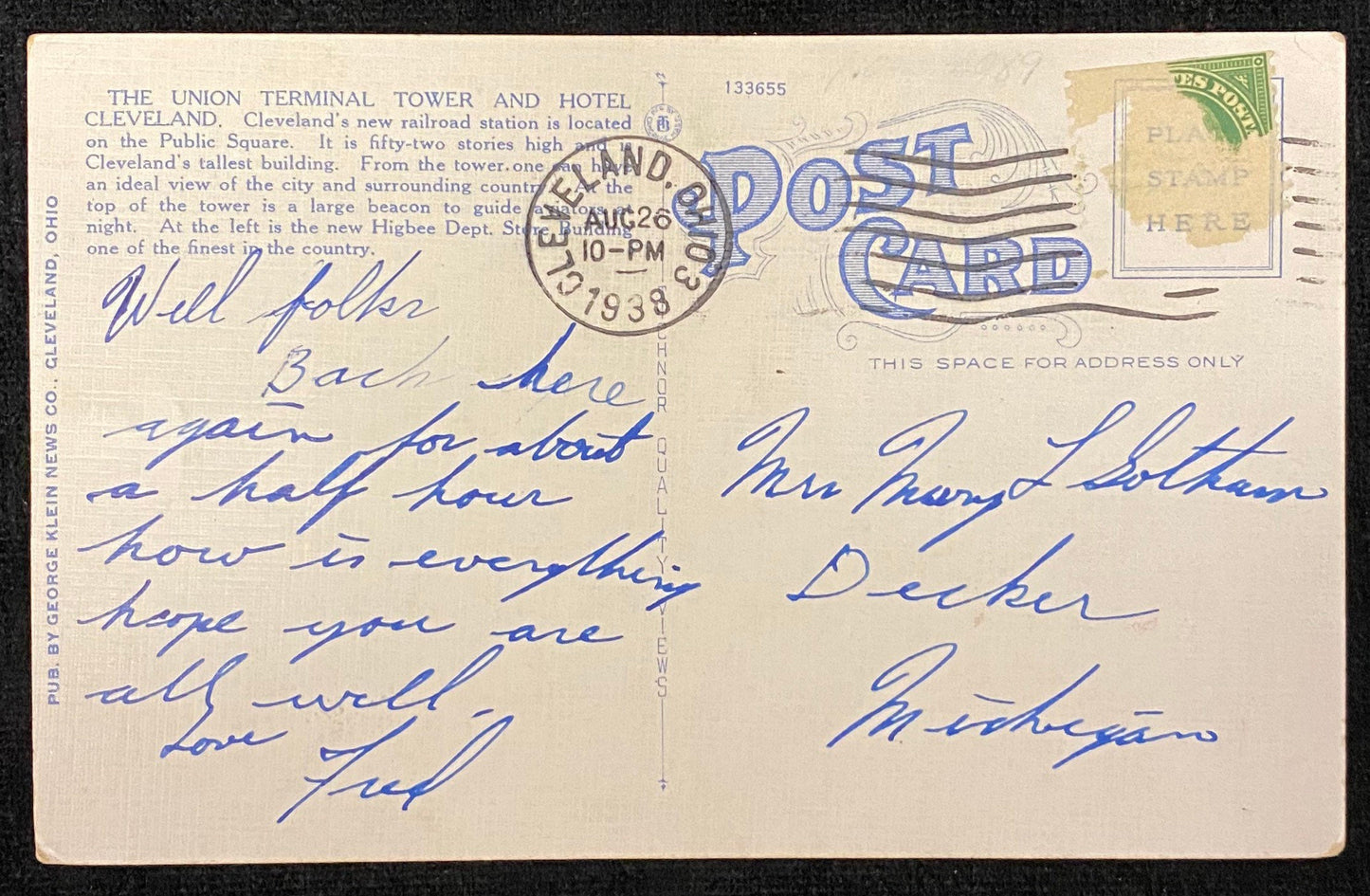 The Union Terminal Tower - Cleveland, Ohio - 1930s Linen Postcard