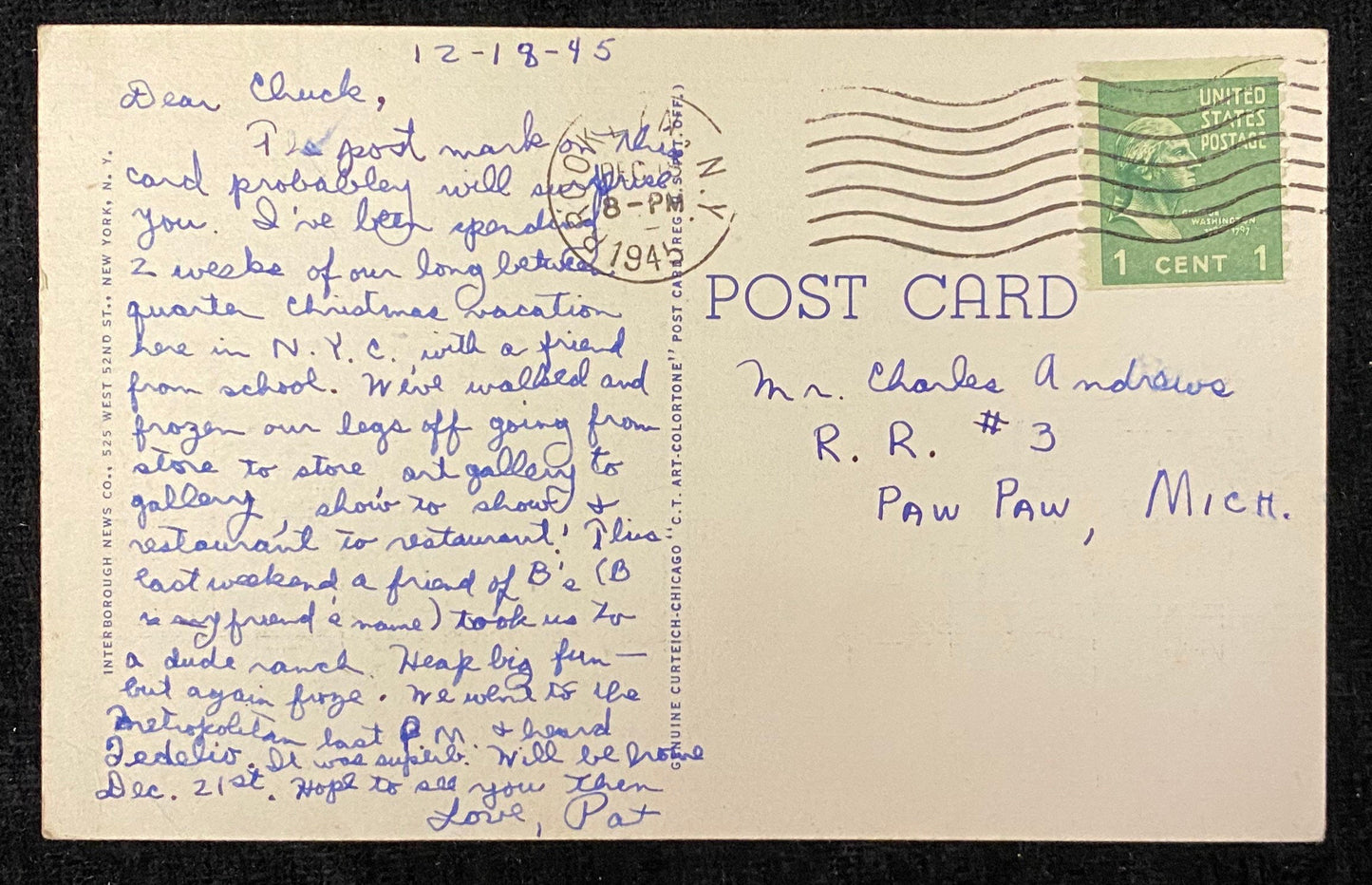 Grant's Tomb - New York City, New York - 1945 Linen Postcard