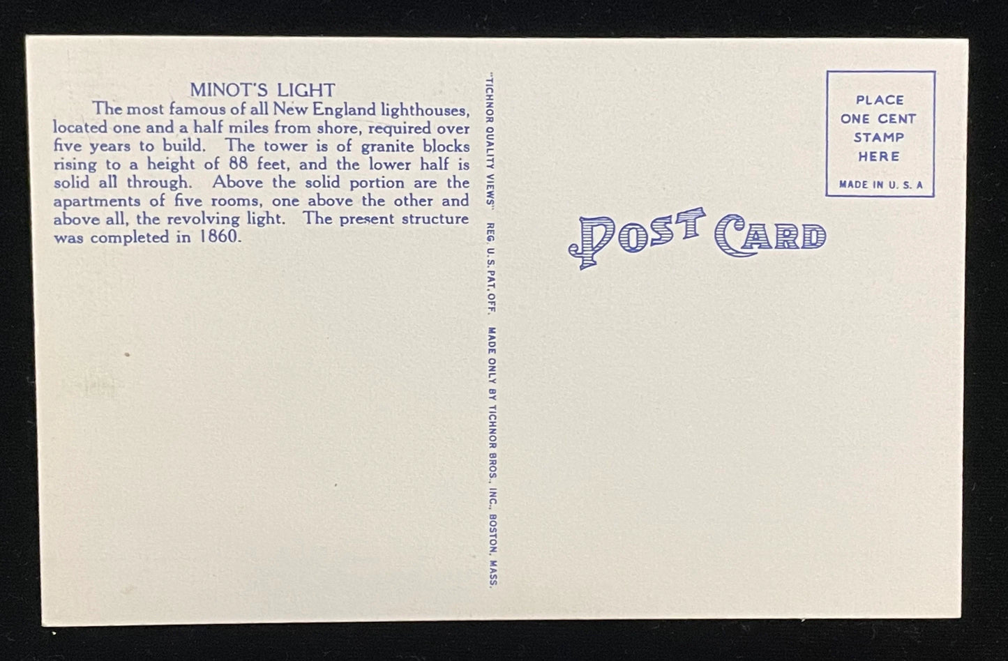 Minot's Light, Massachusetts Bay - Vintage Lighthouse Postcard