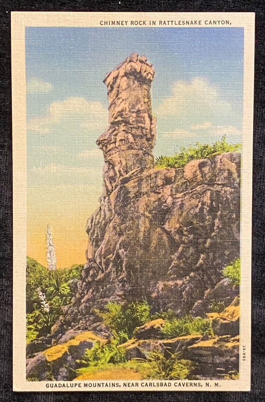 Chimney Rock in Rattlesnake Canyon, Guadalupe Mountains, Near Carlsbad Caverns, New Mexico - 1932 Linen Postcard