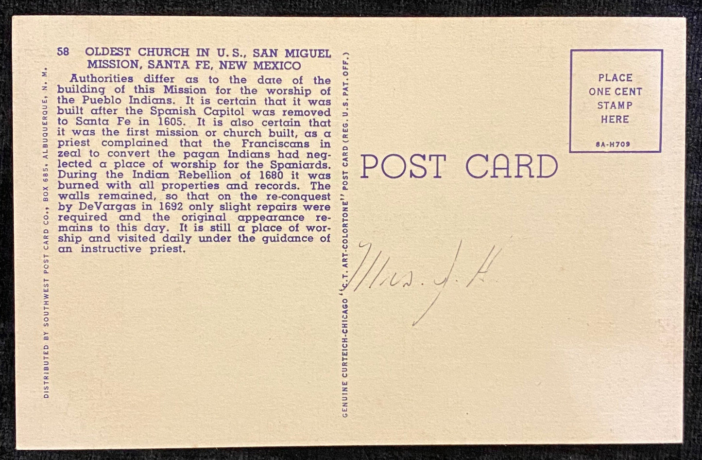 Oldest Church in U.S. - San Miguel Mission - Santa Fe, New Mexico - 1938 Linen Postcard