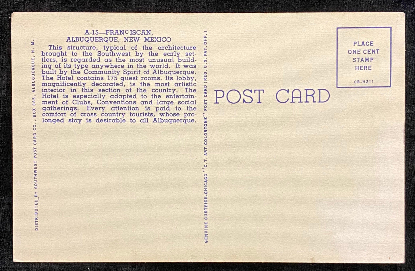Franciscan Hotel - Albuquerque, New Mexico - 1940 Linen Postcard