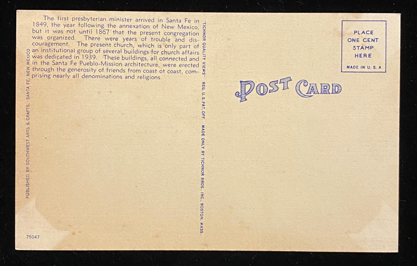 Presbyterian Church of Santa Fe, Oldest Protestant Congregation in New Mexico - 1940s Linen Postcard