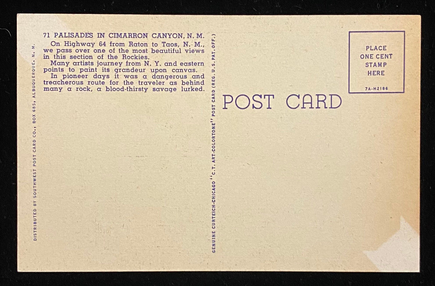 Palisades in Cimarron Canyon, New Mexico - 1937 Linen Postcard