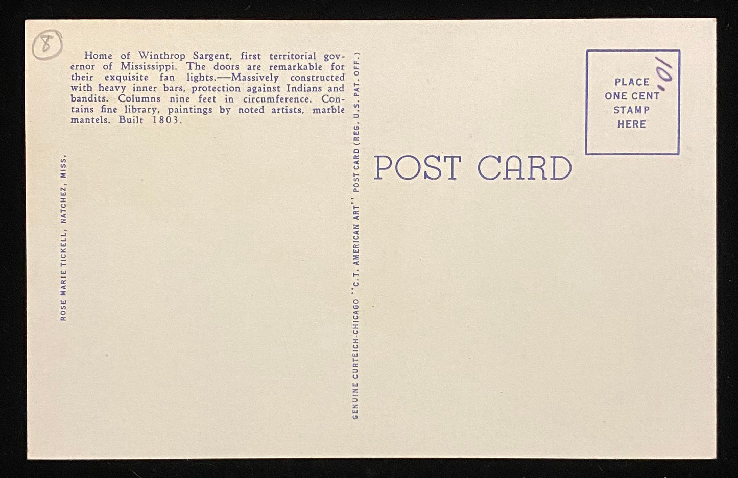 Gloucester Built by Winthrop Sargent, First Territorial Governor of Mississippi - 1940s Linen Postcard