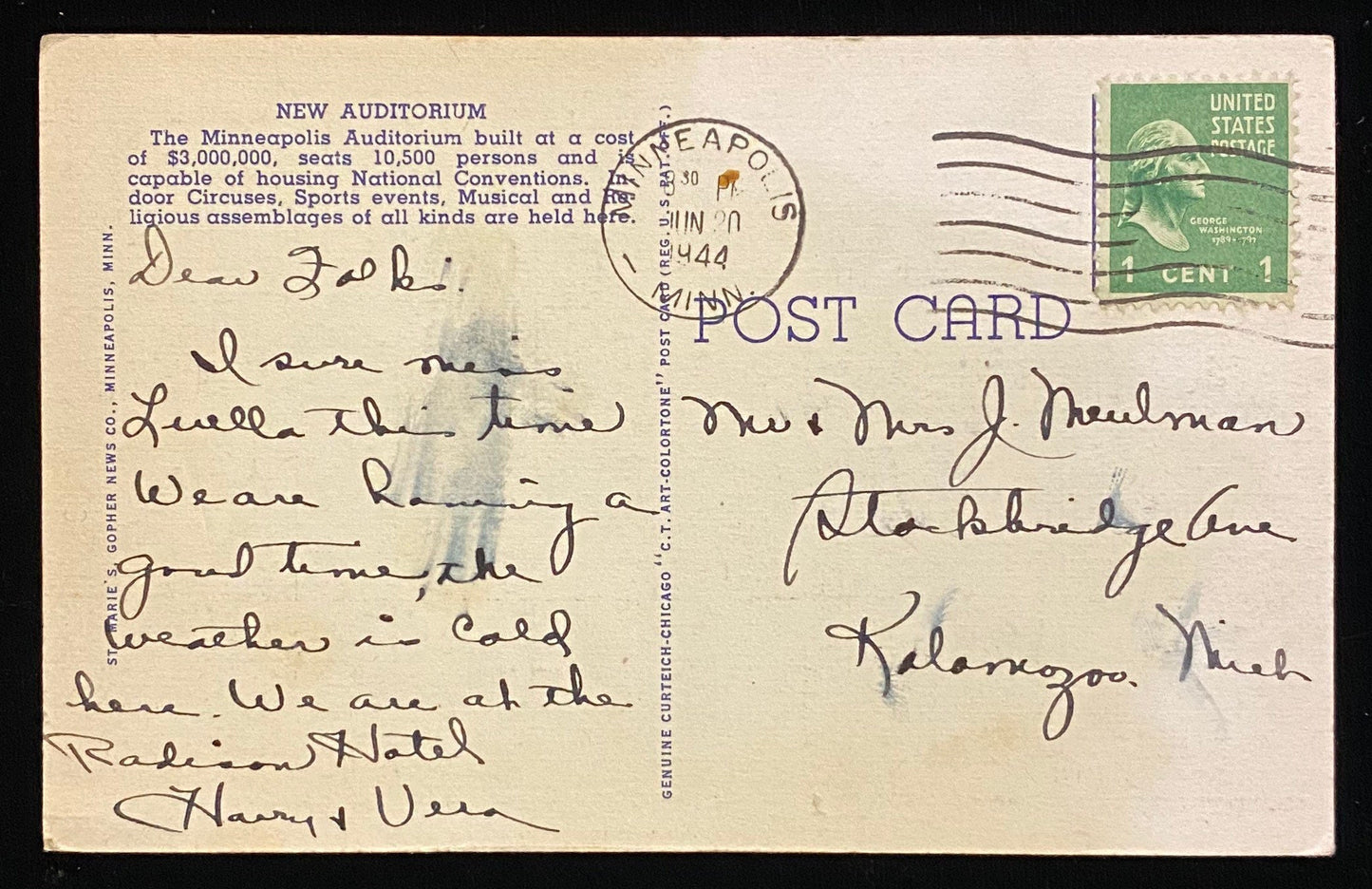 New Auditorium - Wesley Temple Building - Minneapolis, Minnesota - 1935 Linen Postcard