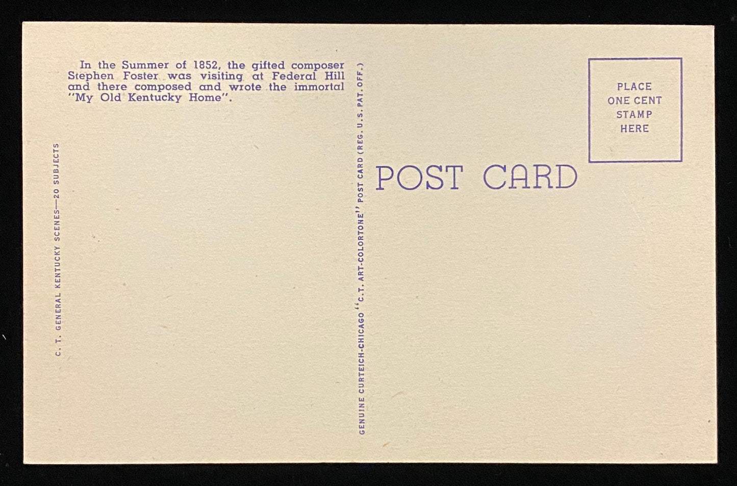 My Old Kentucky Home - 1937 Linen Postcard