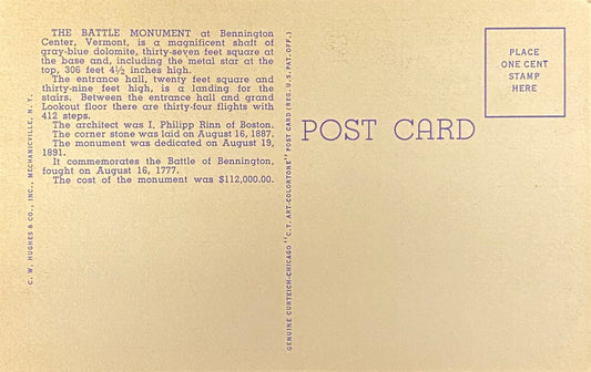 This postcard depicts the beautiful Battle Monument at Bennington Center, Vermont at a bird's eye vi