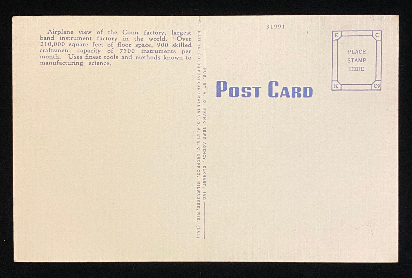 C.G. Conn Band Instrument Co. - Elkhart, Indiana - 1940s Linen Postcard