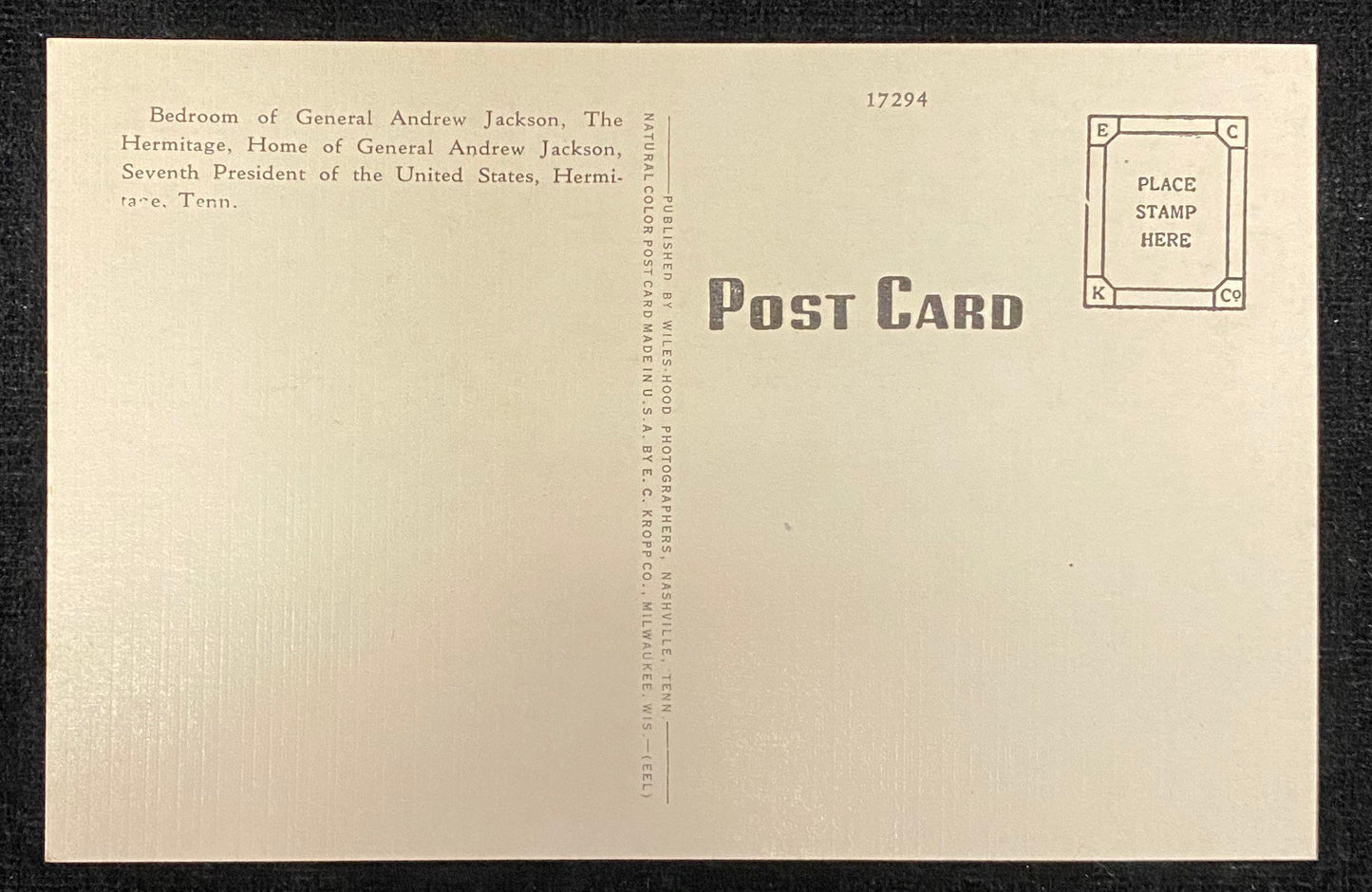 Andrew Jackson's Bedroom - Nashville, Tennessee - Linen Postcard