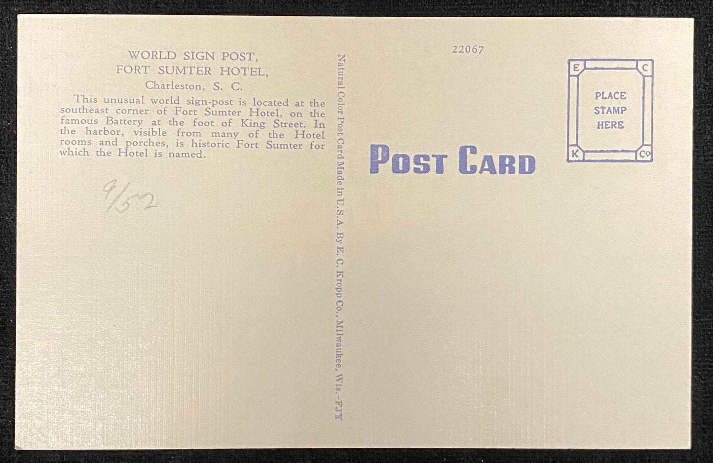 World Sign Post - Fort Sumter Hotel - Charleston, South Carolina - 1940s Linen Postcard