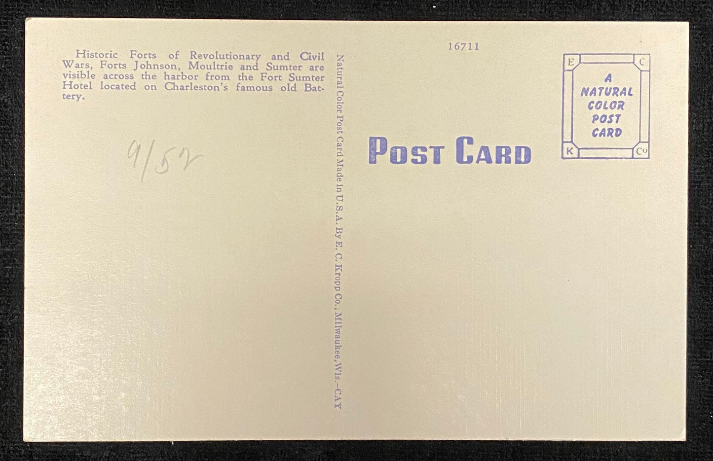 Fort Sumter Hotel, Charleston, South Carolina - 1940s Linen Postcard- 2 Available, sold Separately