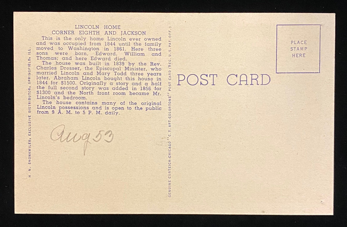 Entrance, Abraham Lincoln's Home - 1844-1861 - Springfield, Illinois - 1949 Linen Postcard