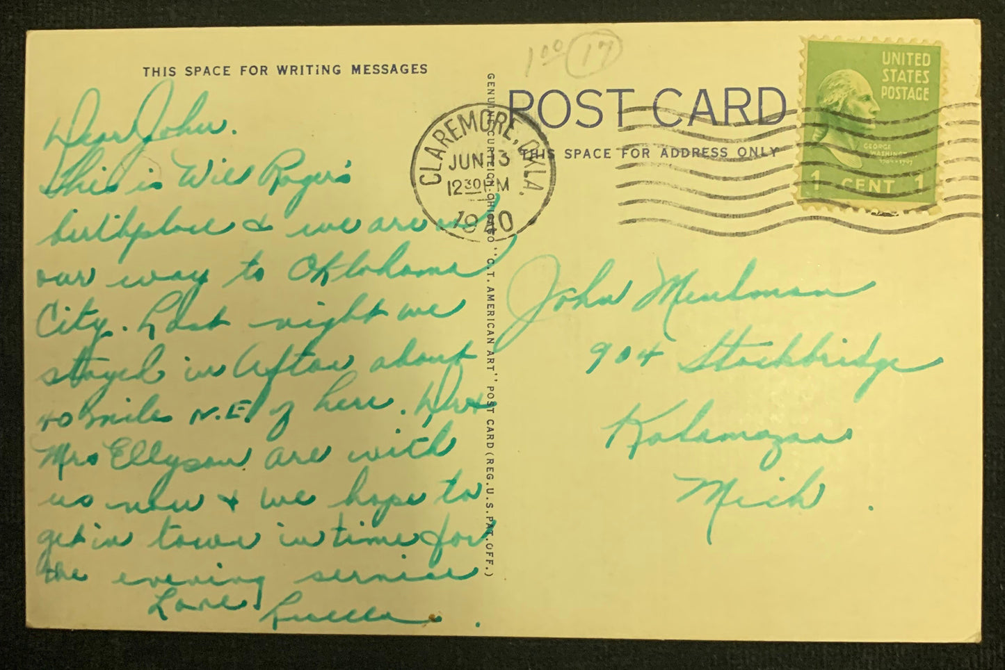 Will Roger Memorial, Claremore, Oklahoma - Vintage Postcard