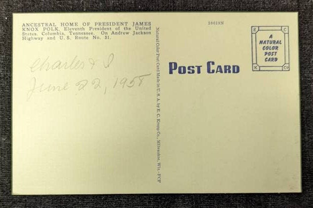 Ancestral Home - President James Knox Polk, Columbia, Tennessee - 1950s Linen Postcard