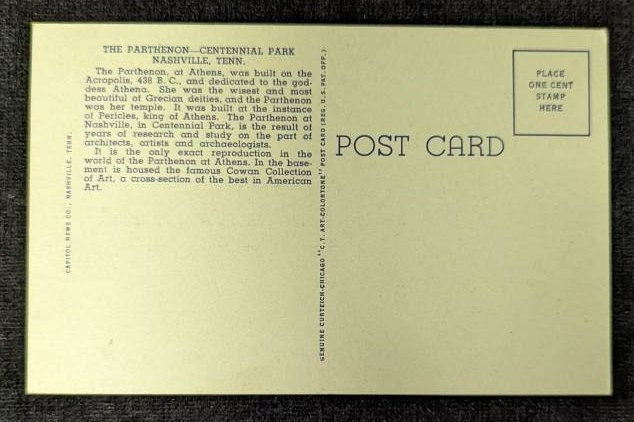 The Parthenon - Centennial Park - Nashville, Tennessee - 1940s Linen Postcard