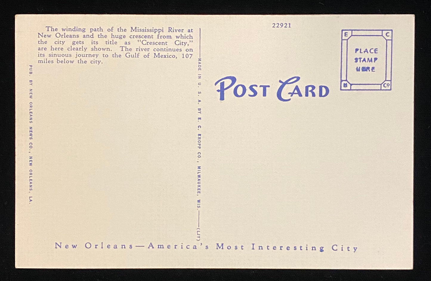 Mississippi River Crescent, New Orleans, Louisiana - 1940s Linen Postcard