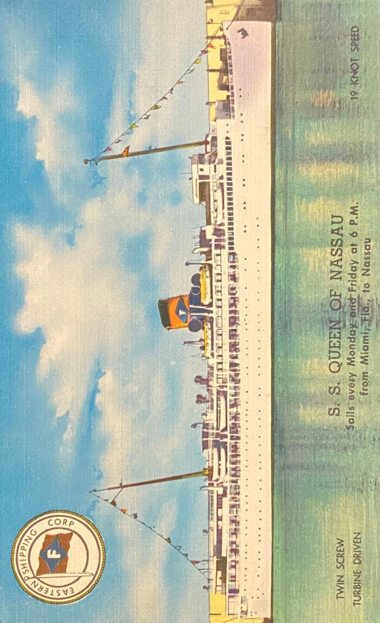 S.S. Queen of Nassau - Miami, Fla., to Nassau - 1940s Linen Postcard