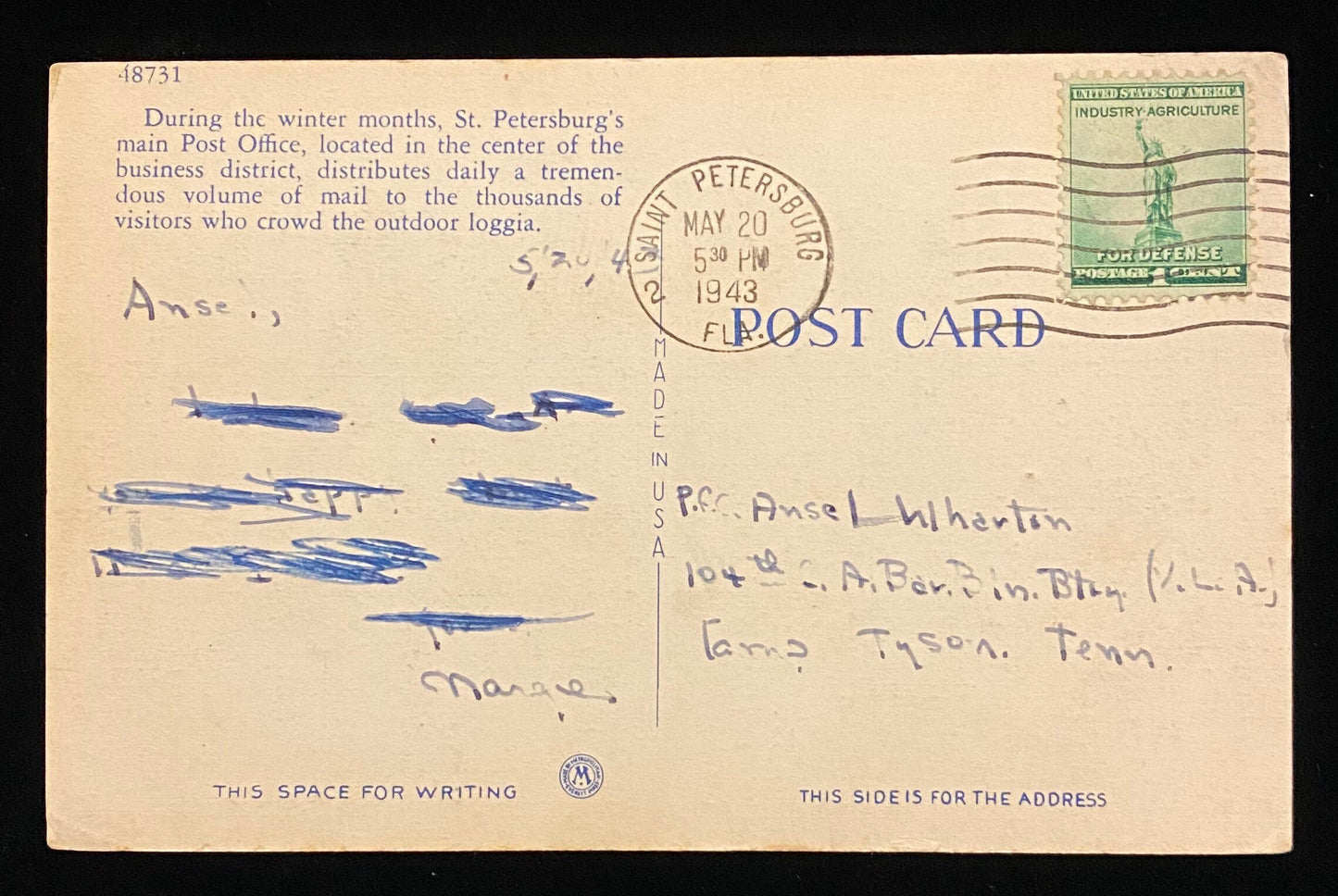 Open Air Post Office - St. Petersburg, Florida - 1940s Linen Postcard
