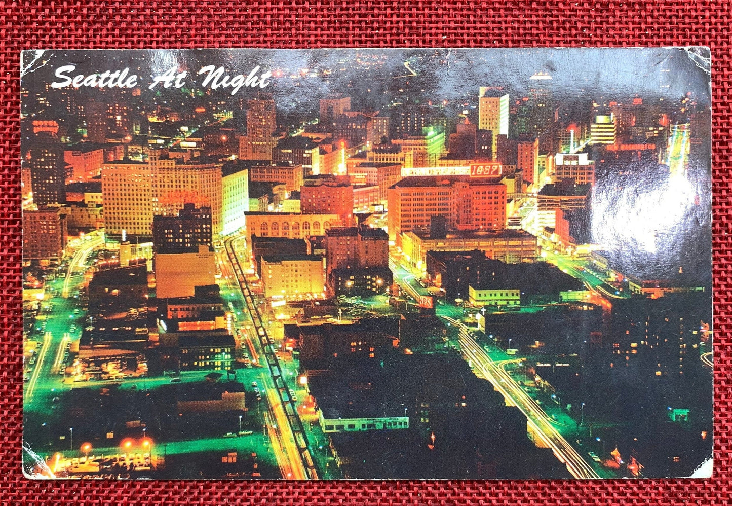 Seattle at Night, Seattle, Washington WA Vintage 1950s-1960s Postcard