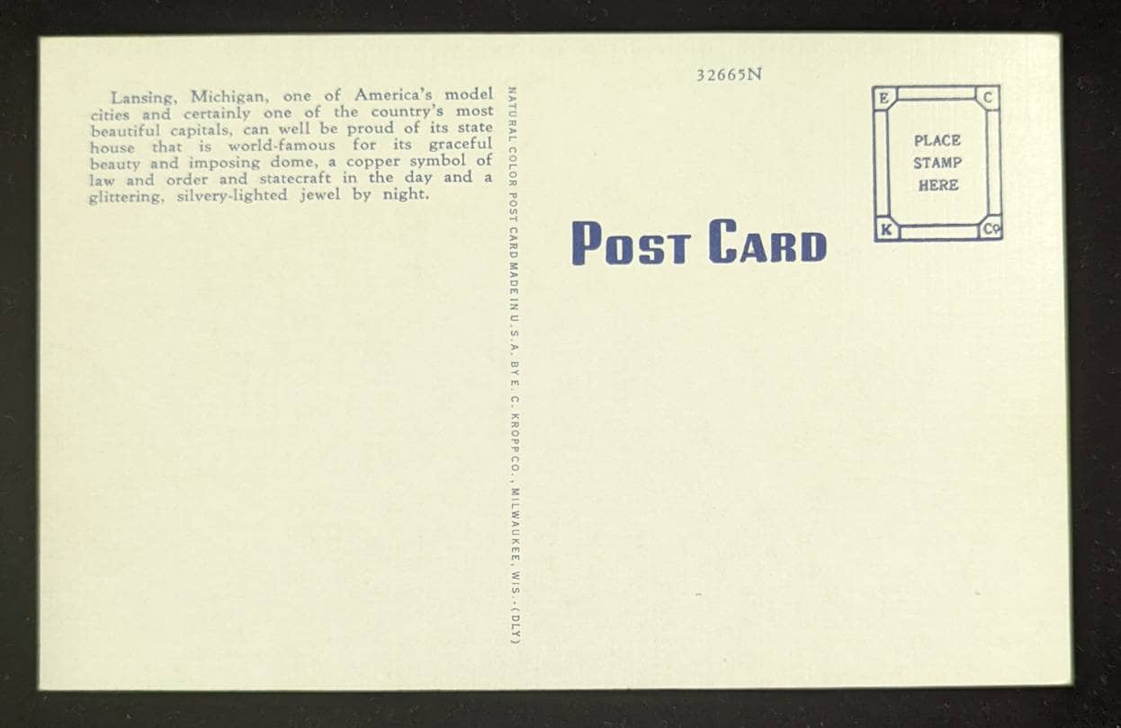 State Capitol - Lansing, Michigan - 1940s Linen Postcard