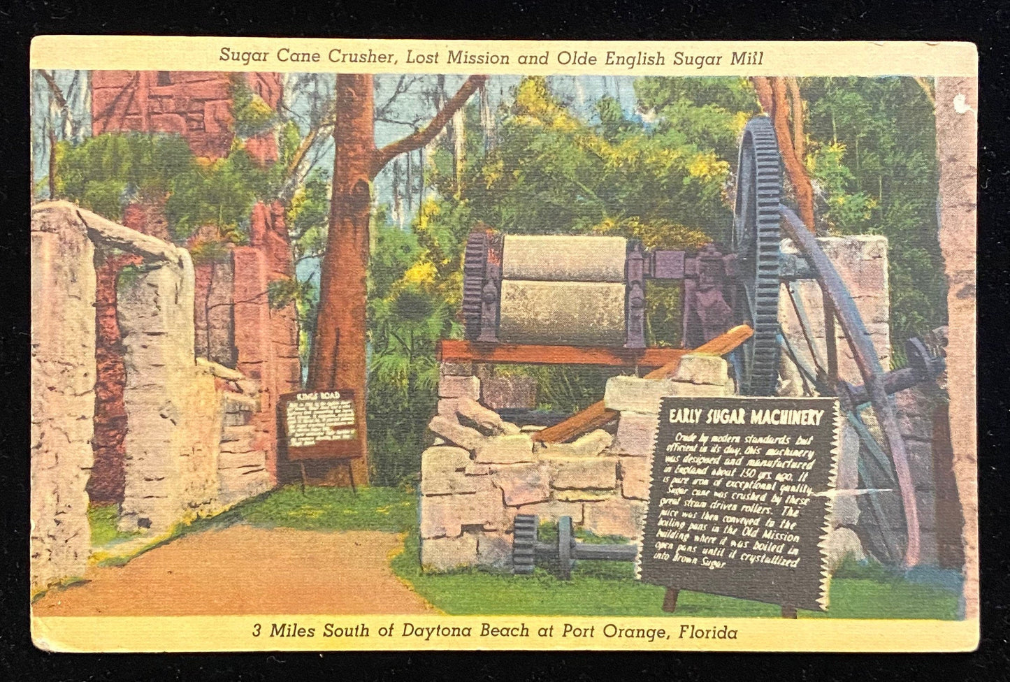 Sugar Cane Crusher - Lost Mission and Olde English Sugar Mill - Port Orange, Florida - 1940s Postcard