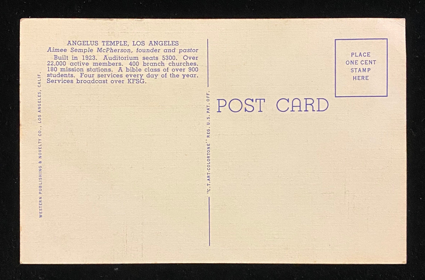 Angelus Temple - Los Angeles, California - 1940 Linen Postcard