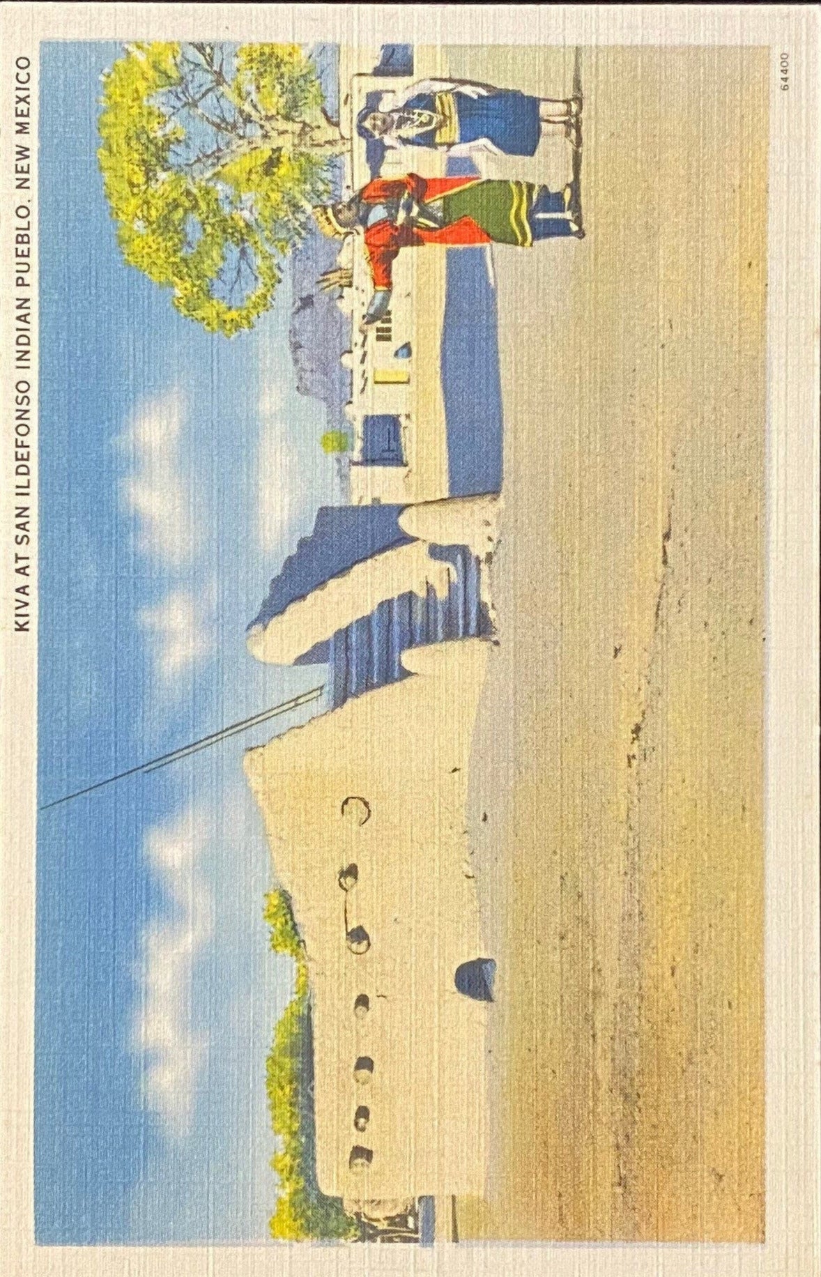 Kiva at San Ildefonso Indian Pueblo, New Mexico - 1940s Linen Postcard