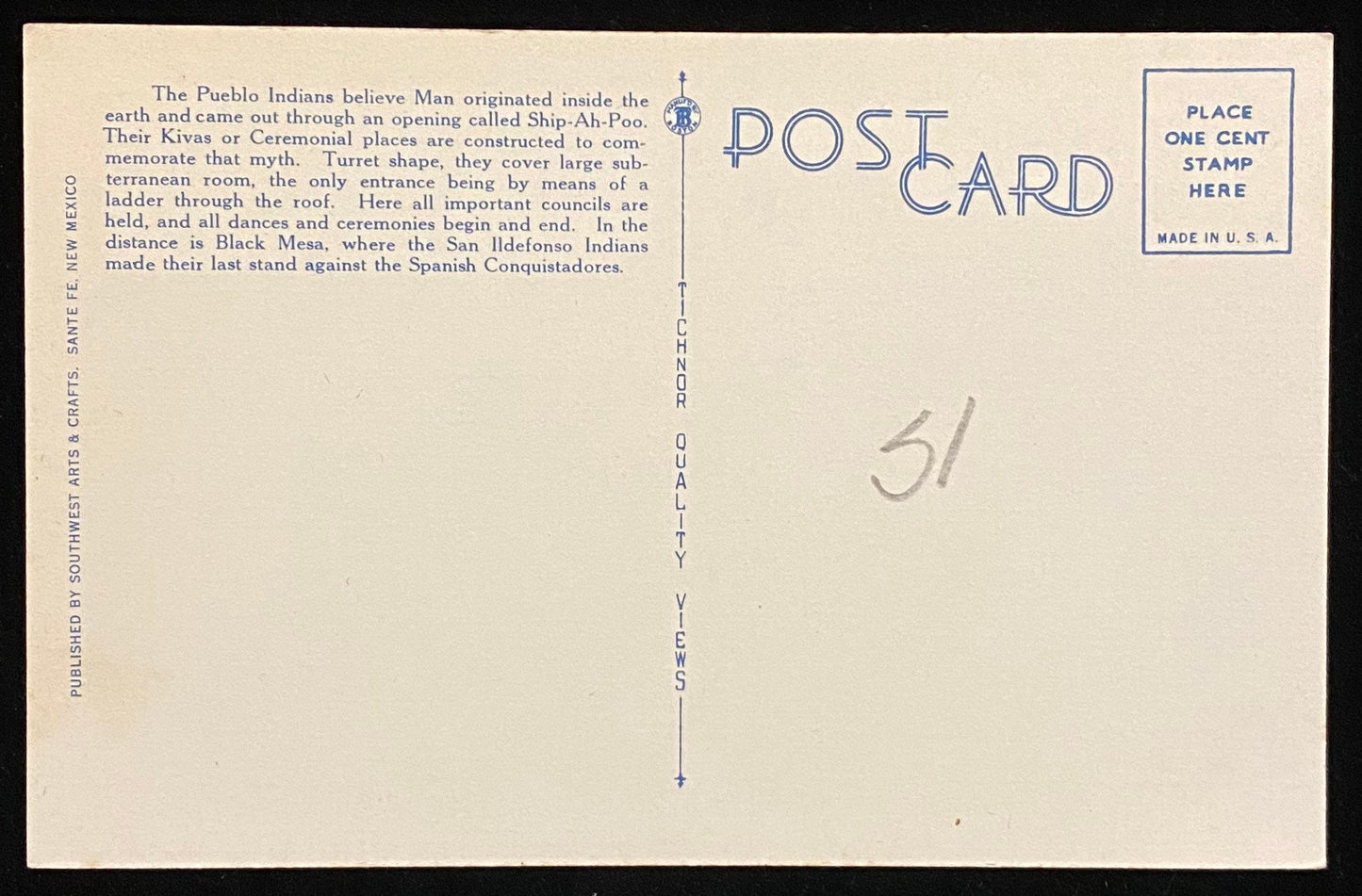 Kiva at San Ildefonso Indian Pueblo, New Mexico - 1940s Linen Postcard