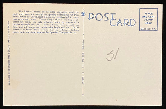 Kiva at San Ildefonso Indian Pueblo, New Mexico - 1940s Linen Postcard