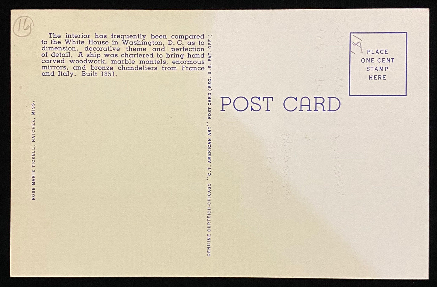 Stanton Hall - Ante-Bellum Residences - Natchez, Mississippi - 1940s Linen Postcard