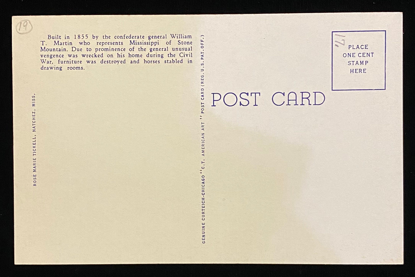 Monteigne - Natchez, Mississippi - 1930s Linen Postcard