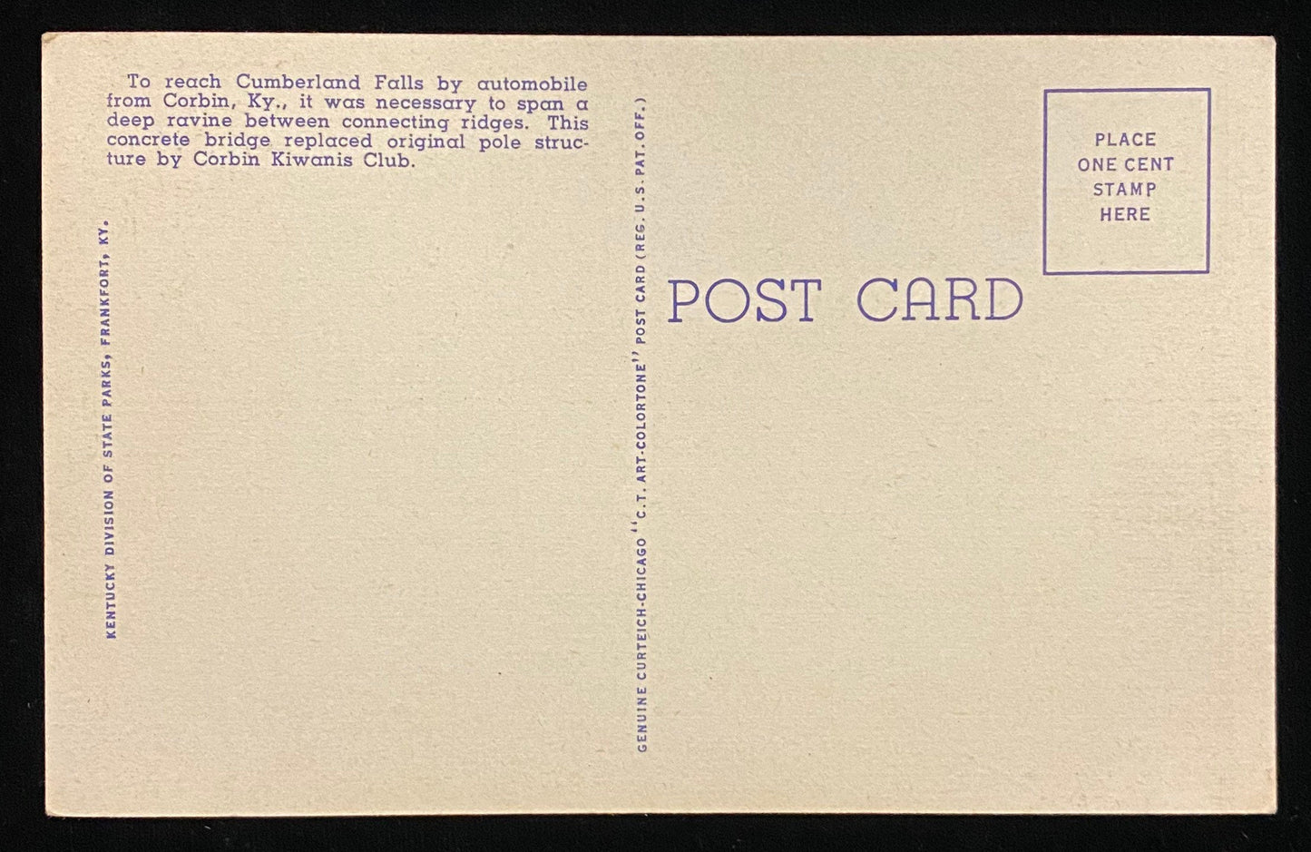Kiwanis Bridge - Cumberland Falls State Park - Kentucky - 1940s Linen Postcard