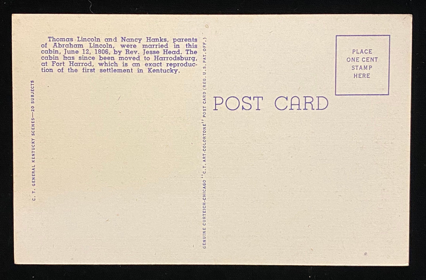 Lincoln Marriage Cabin - Pioneer Memorial State Park - Kentucky - 1930s Linen Postcard